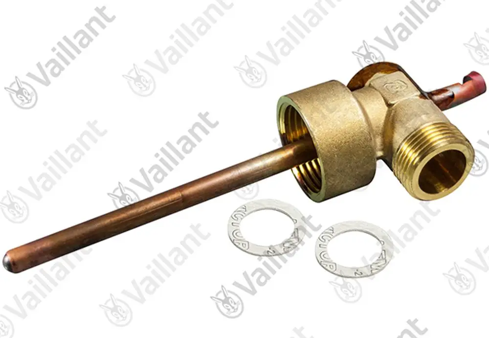 Vaillant Anschlussstück mit einer Kupferleitung, einer Gewindeverbindung und zwei Unterlegscheiben daneben.
